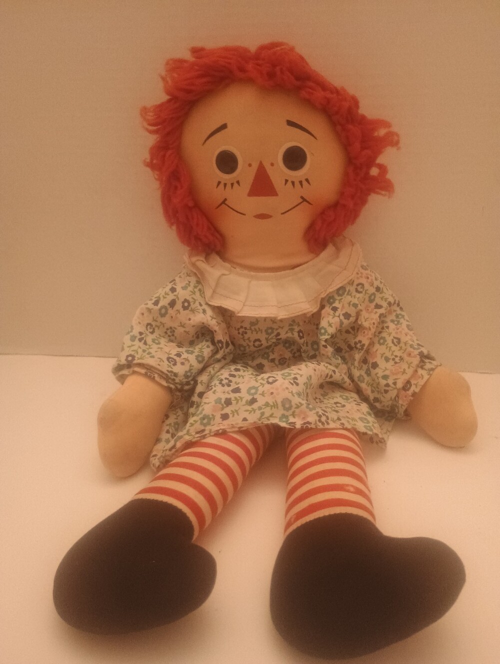 Vintage Red-Haired Rag Doll Plush Toy with Floral Dress